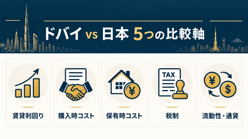 ドバイと日本の5つの比較軸を示す図（賃貸利回り、購入時コスト、保有時コスト、税制、流動性・通貨）