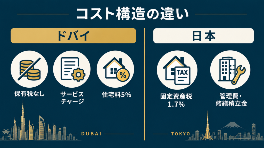 ドバイと日本のコスト構造の違いを示す図（ドバイ：保有税なし、サービスチャージ、住宅料5%／日本：固定資産税1.7%、管理費・修繕積立金）