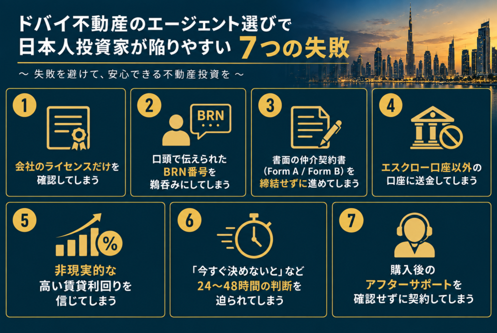 ドバイ不動産のエージェント選びで日本人投資家が陥りやすい7つの失敗を示す図（会社のライセンスのみの確認、口頭のBRN番号を鵜呑み、書面の仲介契約書未締結、エスクロー口座以外への送金、非現実的な高利回りを信じる、24〜48時間の判断を迫られる、購入後のアフターサポート未確認）